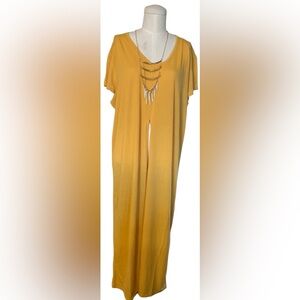 Rouge Collection Plus Size Mustard Yellow Maxi Dress w/Front Slit And Necklace
